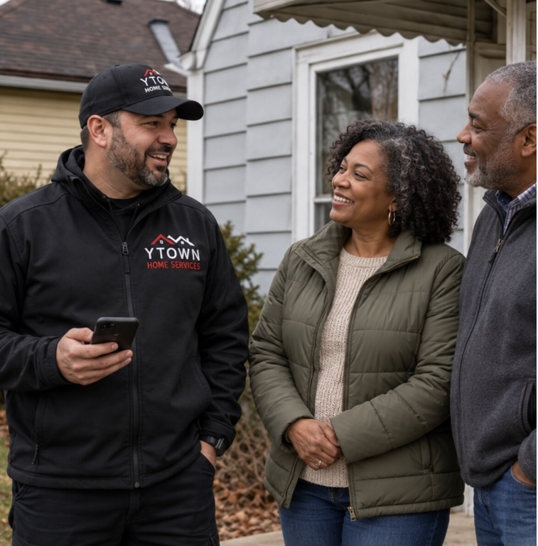 Y-Town Home Services representative meeting with homeowners at their property